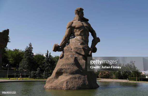 Mamayev Kurgan is a dominant memorial complex commemorating the Battle of Stalingrad seen before the 2018 FIFA World Cup Russia group H match between...
