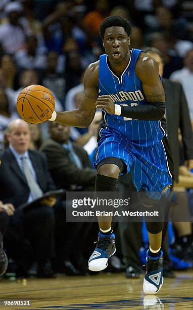 Mickael Pietrus of the Orlando Magic dribbles the ball upcourt during fourth quarter action against the Charlotte Bobcats in Game Four of the Eastern...