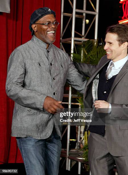 Actors Samuel L. Jackson and Sam Rockwell onstage at the "Iron Man 2" World Premiere at El Capitan Theatre on April 26, 2010 in Hollywood, California.