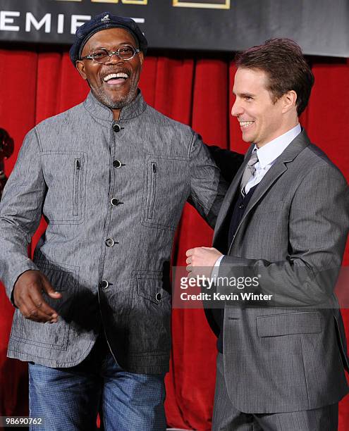 Actors Samuel L. Jackson and Sam Rockwell arrive at the world premiere of Paramount Pictures and Marvel Entertainment's "Iron Man 2� held at El...