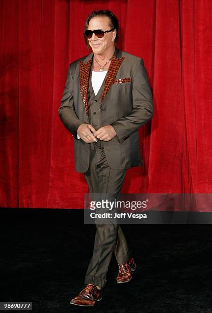 Actor Mickey Rourke onstage at the "Iron Man 2" World Premiere at El Capitan Theatre on April 26, 2010 in Hollywood, California.