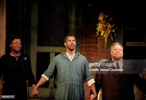 Actors Viola Davis, Denzel Washington and Stephen McKinley Henderson take a bow during the curtain call for the Broadway Opening of "Fences" at the...