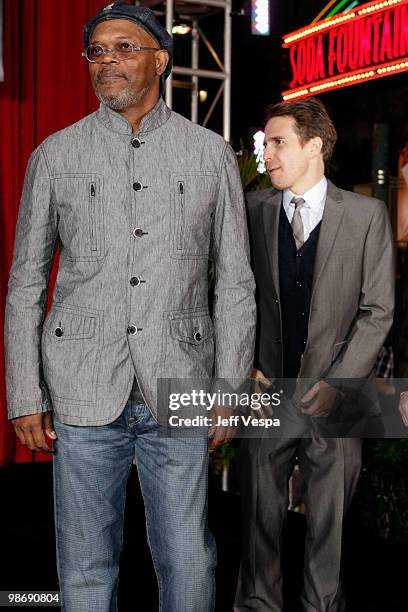 Actors Samuel L. Jackson and Sam Rockwell onstage at the "Iron Man 2" World Premiere at El Capitan Theatre on April 26, 2010 in Hollywood, California.