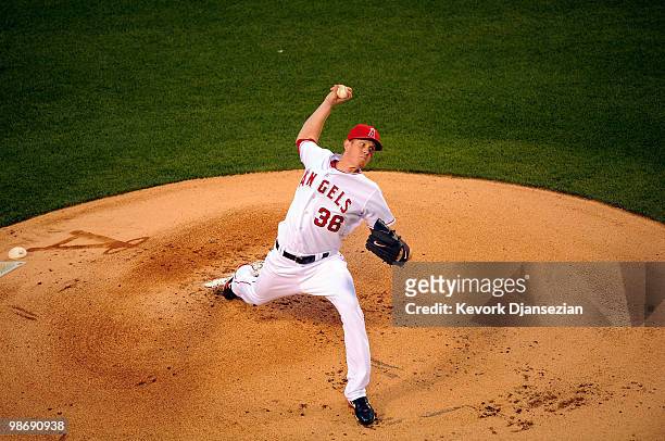 Jered Weaver of the Los Angeles Angels of Anaheim throws a pitch during the second inning of the baseball game against Cleveland Indians on April 26,...