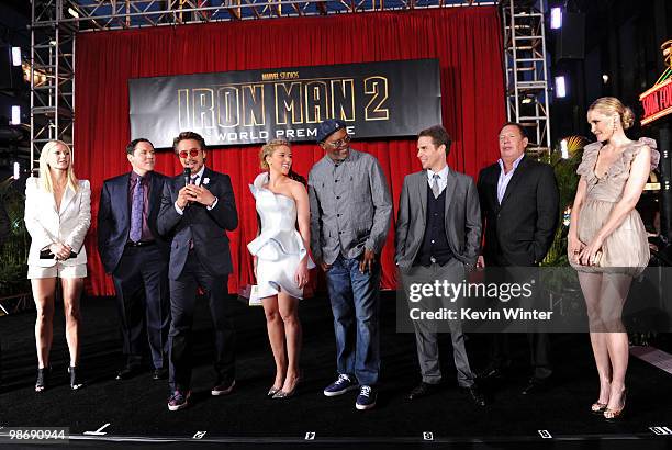 Actors Gwyneth Paltrow, director/executive producer Jon Favreau, actor Robert Downey Jr., actress Scarlett Johansson, actor Samuel L. Jackson, Sam...