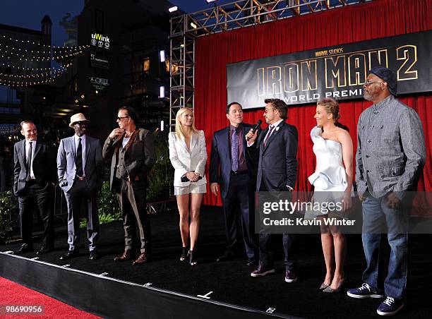 Actors Clark Gregg, Don Cheadle, Mickey Rourke, Gwyneth Paltrow, director/executive producer Jon Favreau, actors Robert Downey Jr., Scarlett...