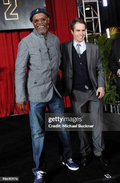 Actors Samuel L. Jackson and Sam Rockwell arrive at the world wide premiere of "Iron Man 2" Premiere held at the El Capitan Theatre on April 26, 2010...