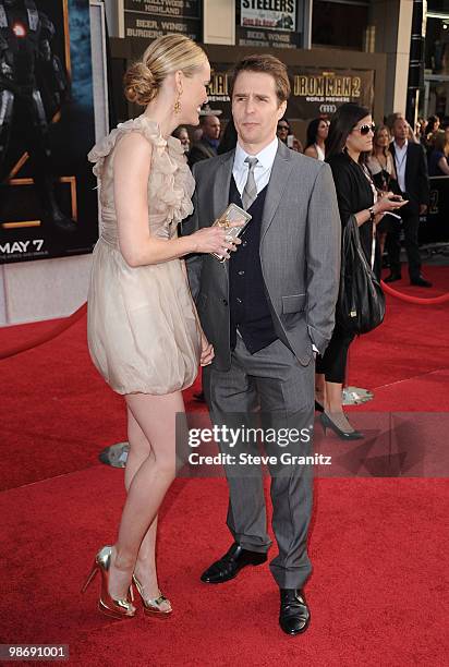 Actors Leslie Bibb and Sam Rockwell arrive at the "Iron Man 2" World Premiere held at the El Capitan Theatre on April 26, 2010 in Hollywood,...