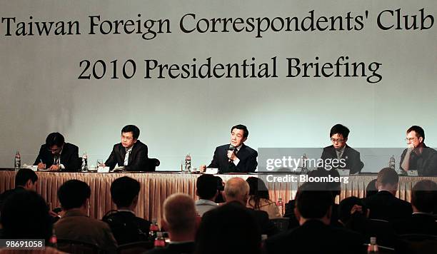 Ma Ying-jeou, Taiwan's president, center, speaks during a news conference in Taipei, Taiwan, on Tuesday, April 27, 2010. Taiwan will set up a task...