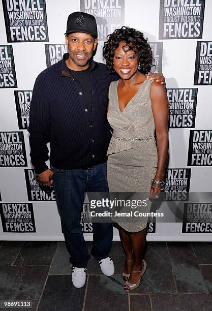 Actors Denzel Washington and Viola Davis pose for photos at the Broadway Opening Night After Party for "Fences" at the Bryant Park Hotel on April 26,...