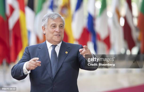 Antonio Tajani, president of the European Parliament, gestures as he arrives for a European Union leaders summit in Brussels, Belgium, on Thursday,...
