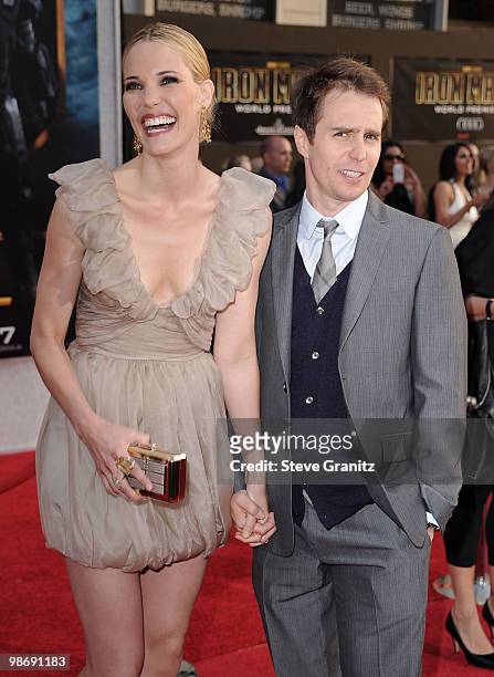 Actors Leslie Bibb and Sam Rockwell arrive at the "Iron Man 2" World Premiere held at the El Capitan Theatre on April 26, 2010 in Hollywood,...