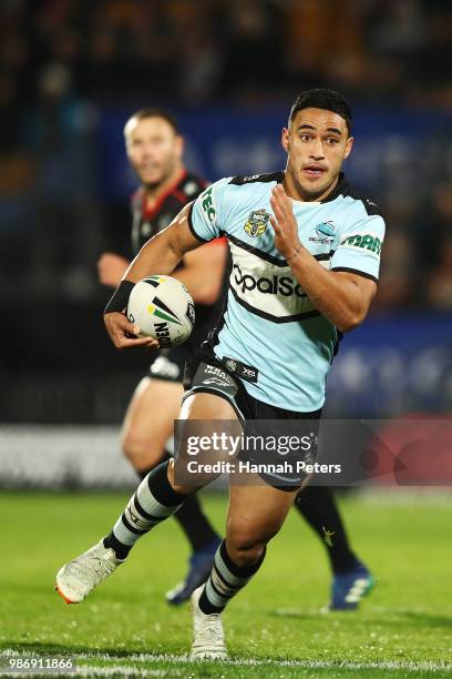 Valentine Holmes of the Sharks makes a break during the round 16 NRL match between the New Zealand Warriors and the Cronulla Sharks at Mt Smart...