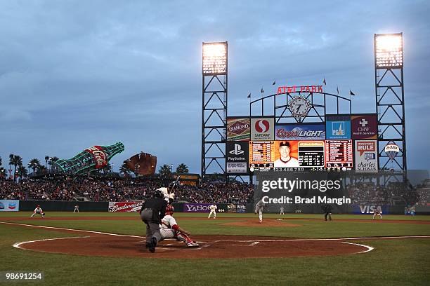 Roy Halladay of the Philadelphia Phillies pitches to San Francisco Giants batter Mark DeRosa during their game at AT&T Park on April 26, 2010 in San...