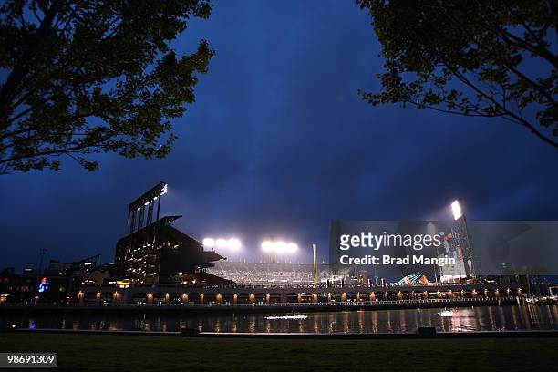 Nighttime general overall exterior view of AT&T Park with McCovey Cove in the foreground during the game between the Philadelphia Philles and the San...