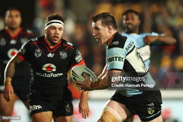 Paul Gallen of the Sharks charges forward during the round 16 NRL match between the New Zealand Warriors and the Cronulla Sharks at Mt Smart Stadium...