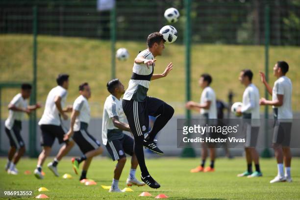 Hector Moreno of Mexico, heads the ball during a training at Training Base Novogorsk-Dynamo, on June 29, 2018 in Moscow, Russia.
