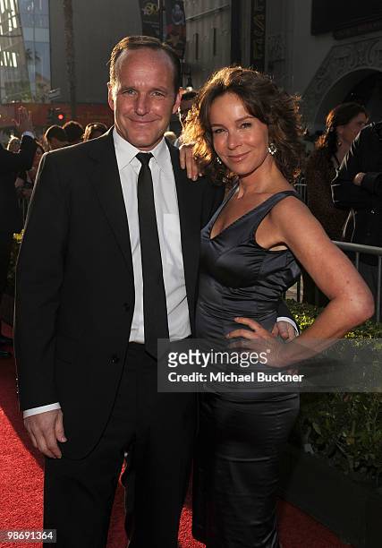Actor Clark Gregg and wife actress Jennifer Grey arrive at the world wide premiere of "Iron Man 2" Premiere held at the El Capitan Theatre on April...