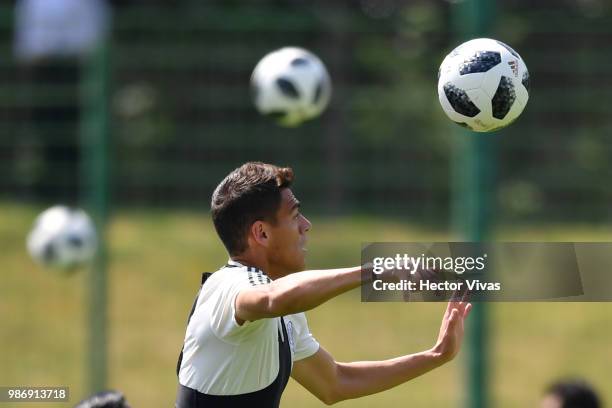 Hector Moreno of Mexico, heads the ball during a training at Training Base Novogorsk-Dynamo, on June 29, 2018 in Moscow, Russia.