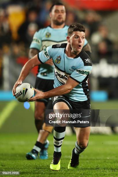 Chad Townsend of the Sharks makes a break during the round 16 NRL match between the New Zealand Warriors and the Cronulla Sharks at Mt Smart Stadium...