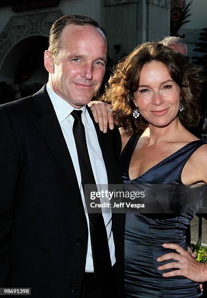 Actor Clark Gregg and actress Jennifer Grey arrive at the "Iron Man 2" World Premiere at El Capitan Theatre on April 26, 2010 in Hollywood,...