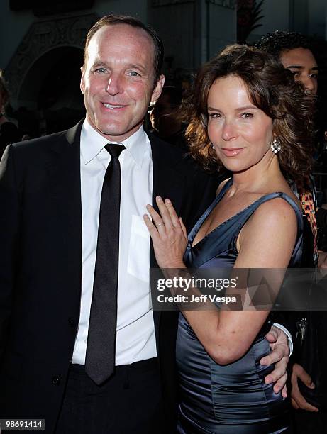 Actor Clark Gregg and actress Jennifer Grey arrive at the "Iron Man 2" World Premiere at El Capitan Theatre on April 26, 2010 in Hollywood,...