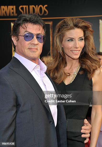 Actor Sylvester Stallone and Jennifer Flavin arrive at the "Iron Man 2" world premiere held at El Capitan Theatre on April 26, 2010 in Hollywood,...