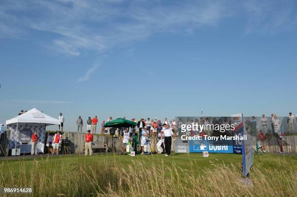 Jose Maria Olazabal of Spain plays his first shot on the 10th tee during Day Two of the HNA Open de France at Le Golf National on June 29, 2018 in...