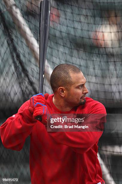 Shane Victorino of the Philadelphia Phillies takes batting practice before the game against the San Francisco Giants at AT&T Park on April 26, 2010...