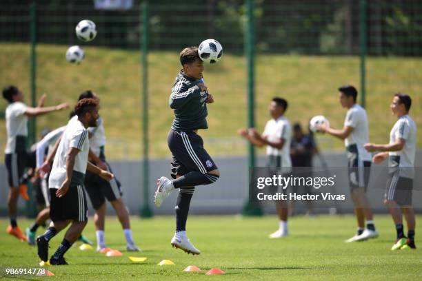 Carlos Salcedo of Mexico, heads the ball during a training at Training Base Novogorsk-Dynamo, on June 29, 2018 in Moscow, Russia.