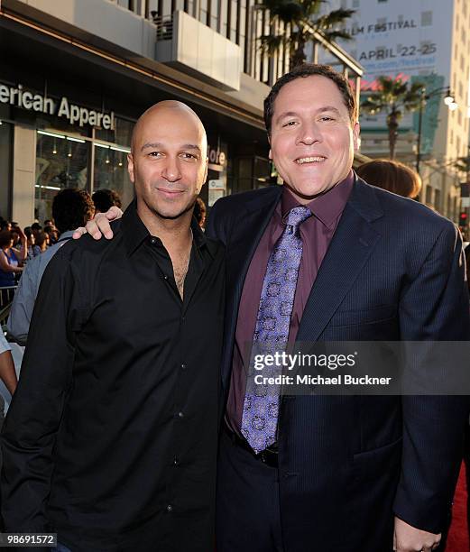Director/Execituve Producer Jon Favreau and musician Tom Morello arrive at the world wide premiere of "Iron Man 2" Premiere held at the El Capitan...