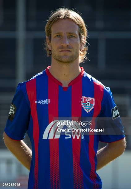 Stefan Aigner poses during the Team Presentation of KFC Uerdingen at Grotenburg Stadium on June 29, 2018 in Krefeld, Germany.