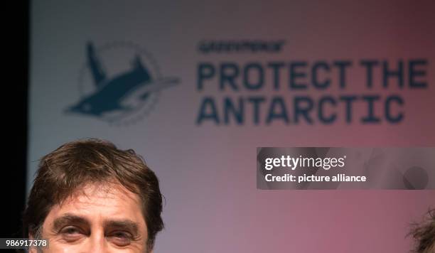 February 2018, Germany, Berlin: Academy Award winner Javier Bardem sits on the panel during a Greenpeace press conference. The Spanish actor reported...