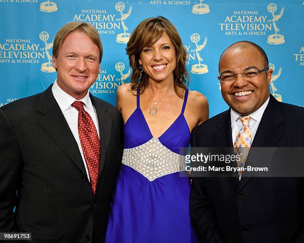 John Gruden, Hannah Storm and Mike Tirico presenters at the 31st annual Sports Emmy Awards at Frederick P. Rose Hall, Jazz at Lincoln Center on April...