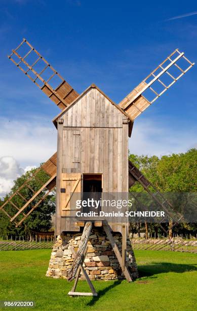estonia, saaremaa island, angla, wooden windmill - saaremaa island stock pictures, royalty-free photos & images