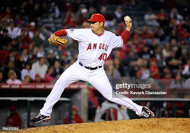 Pitcher Brian Fuentes of the Los Angeles Angels of Anaheim closes the game during the ninth inning of the baseball game against the Cleveland Indians...