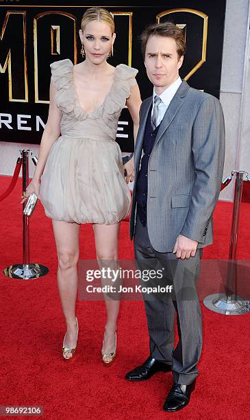 Actress Leslie Bibb and actor Sam Rockwell arrive at the Los Angeles Premiere "Iron Man 2" at the El Capitan Theatre on April 26, 2010 in Hollywood,...