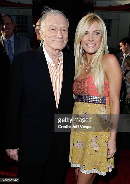 Hugh Hefner and Crystal Harris arrive at the "Iron Man 2" World Premiere at El Capitan Theatre on April 26, 2010 in Hollywood, California.