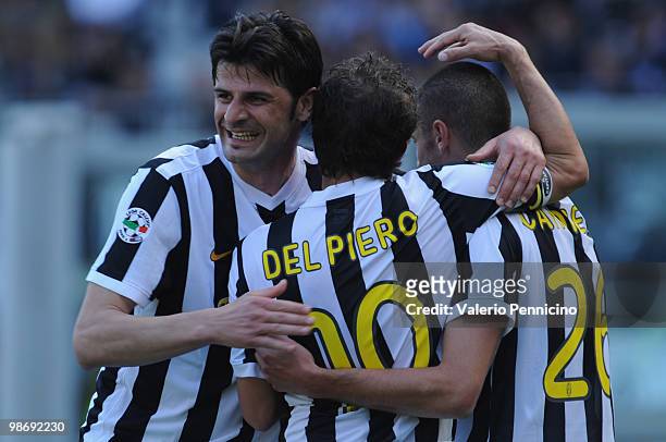 Vincenzo Iaquinta of Juventus FC celebrates his goal with Alessandro Del Piero and Antonio Candreva during the Serie A match between Juventus FC and...