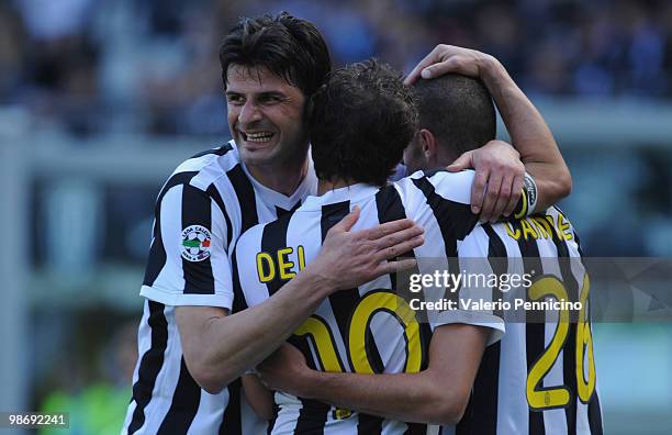 Vincenzo Iaquinta of Juventus FC celebrates his goal with Alessandro Del Piero and Antonio Candreva during the Serie A match between Juventus FC and...