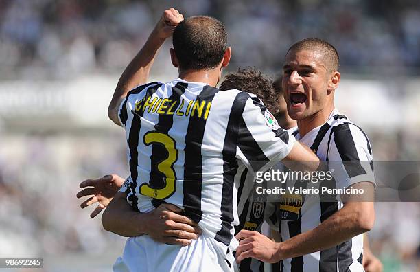 Alessandro Del Piero of Juventus FC celebrates with his team mates after scoring during the Serie A match between Juventus FC and AS Bari at Stadio...