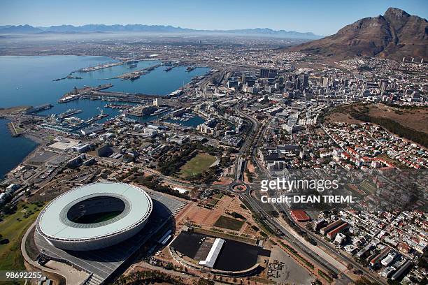 The new 70,000 seat capacity Green Point Stadium for the FIFA Soccer World Cup in Cape Town, on April 25, 2010. AFP PHOTO/Dean TREML/HO RESTRICTED TO...