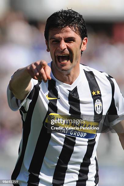 Vincenzo Iaquinta of Juventus FC celebrates his second goal that will be annulled during the Serie A match between Juventus FC and AS Bari at Stadio...