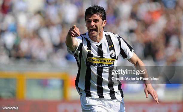 Vincenzo Iaquinta of Juventus FC celebrates his second goal that will be annulled during the Serie A match between Juventus FC and AS Bari at Stadio...