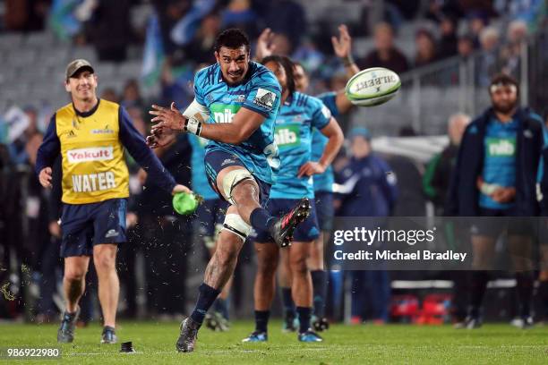 Blues Jerome Kaino attempts a conversion during the round 17 Super Rugby match between the Blues and the Reds at Eden Park on June 29, 2018 in...