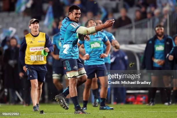 Blues Jerome Kaino attempts a conversion during the round 17 Super Rugby match between the Blues and the Reds at Eden Park on June 29, 2018 in...