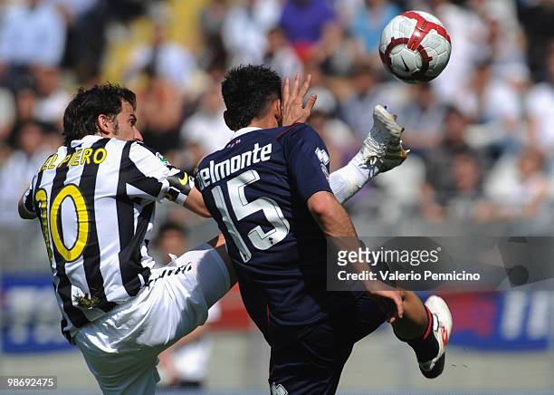 Alessandro Del Piero of Juventus FC competes for the ball with Nicola Belmonte of AS Bari during the Serie A match between Juventus FC and AS Bari at...