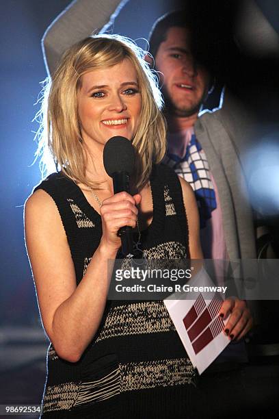 Edith Bowman presents during a recording of the 'Evo Music Rooms' for Channel 4, in association with Punto Evo, at The Old Sorting Office on April...