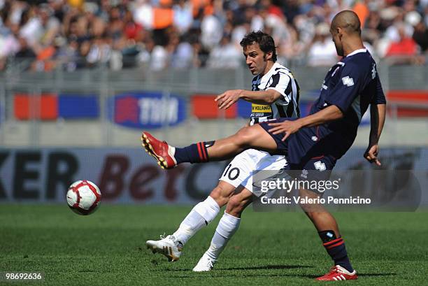 Alessandro Del Piero of Juventus FC is challenged by Sergio Bernardo Almiron of AS Bari during the Serie A match between Juventus FC and AS Bari at...