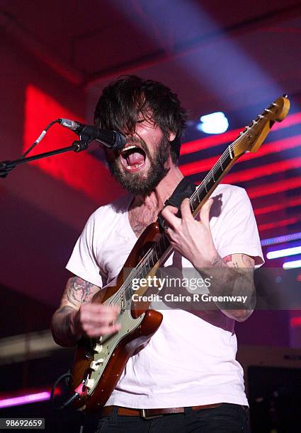 Lead vocalist Simon Neil of Scottish rock band Biffy Clyro performs live on stage during a recording of the 'Evo Music Rooms' for Channel 4, in...